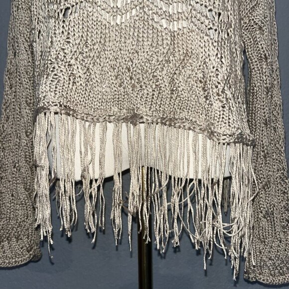 ZARA Taupe Open Cable Knit Fringe Bottom Oversized Cropped Sweater NWT - Large - Picture 3 of 14